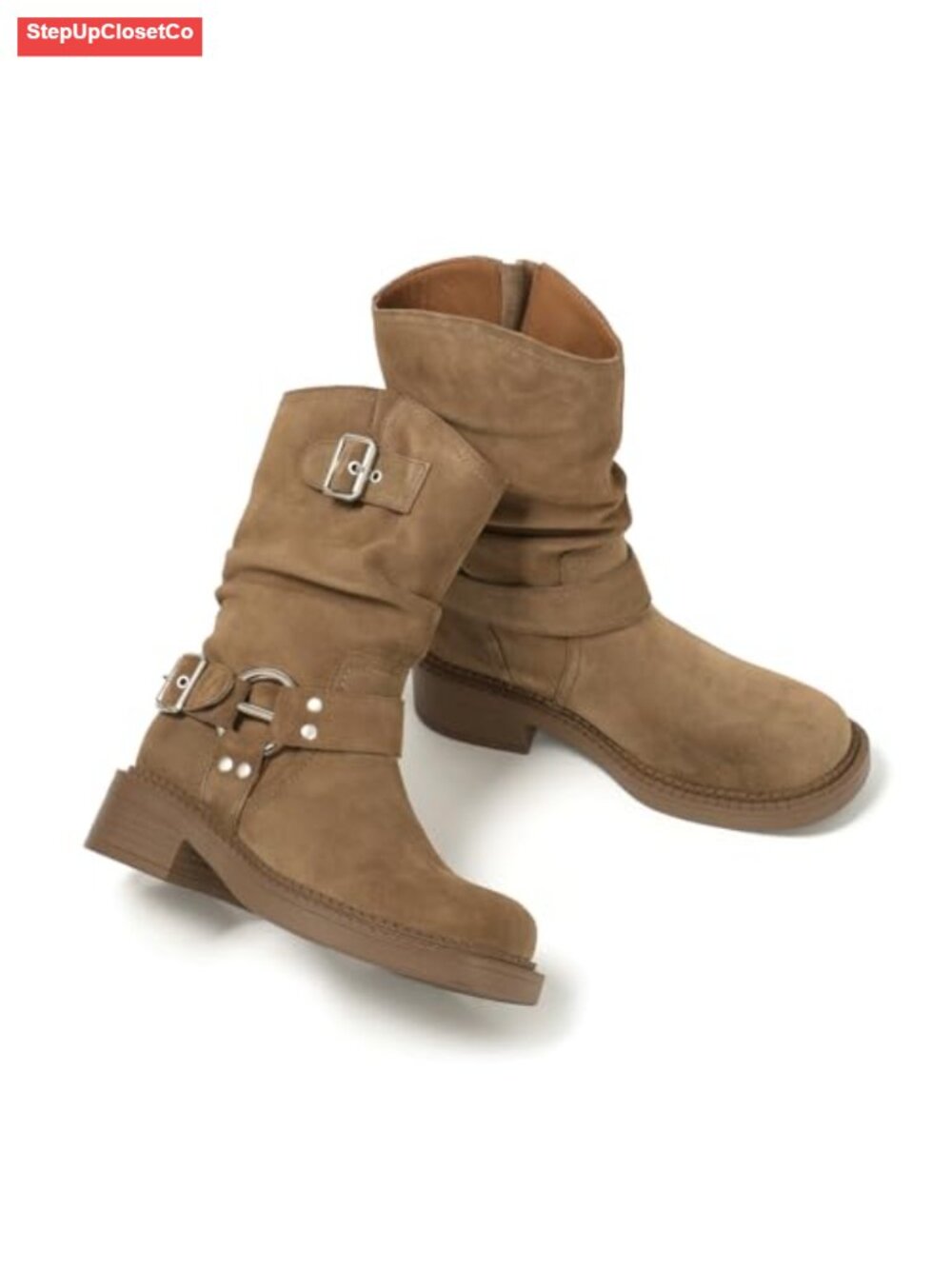 Suede Leather Slip-On Mid Calf Boots Square Toe Platform Heel